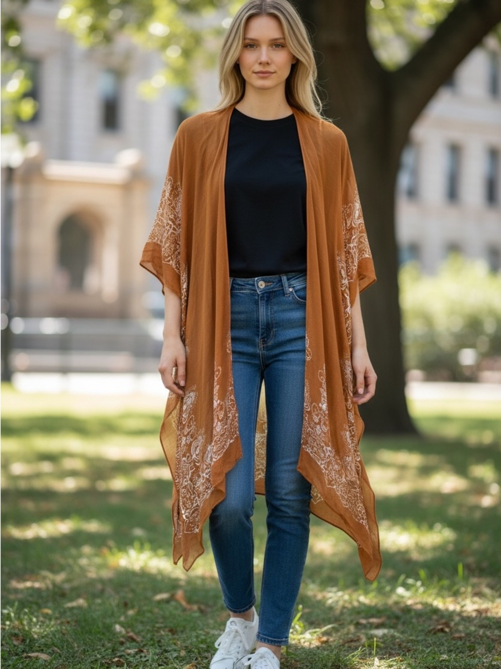 Rust Brown Boho Kimono with White Paisley Trim